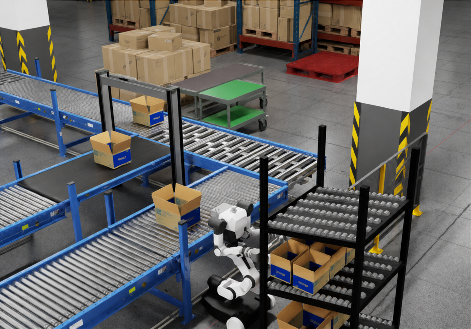 Humanoid robot in a logistics simulation workcell with conveyor belts and boxes